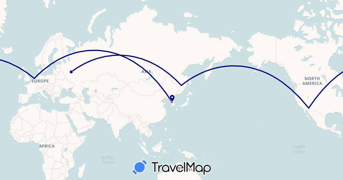 TravelMap itinerary: driving in South Korea, Netherlands, Russia, United States (Asia, Europe, North America)